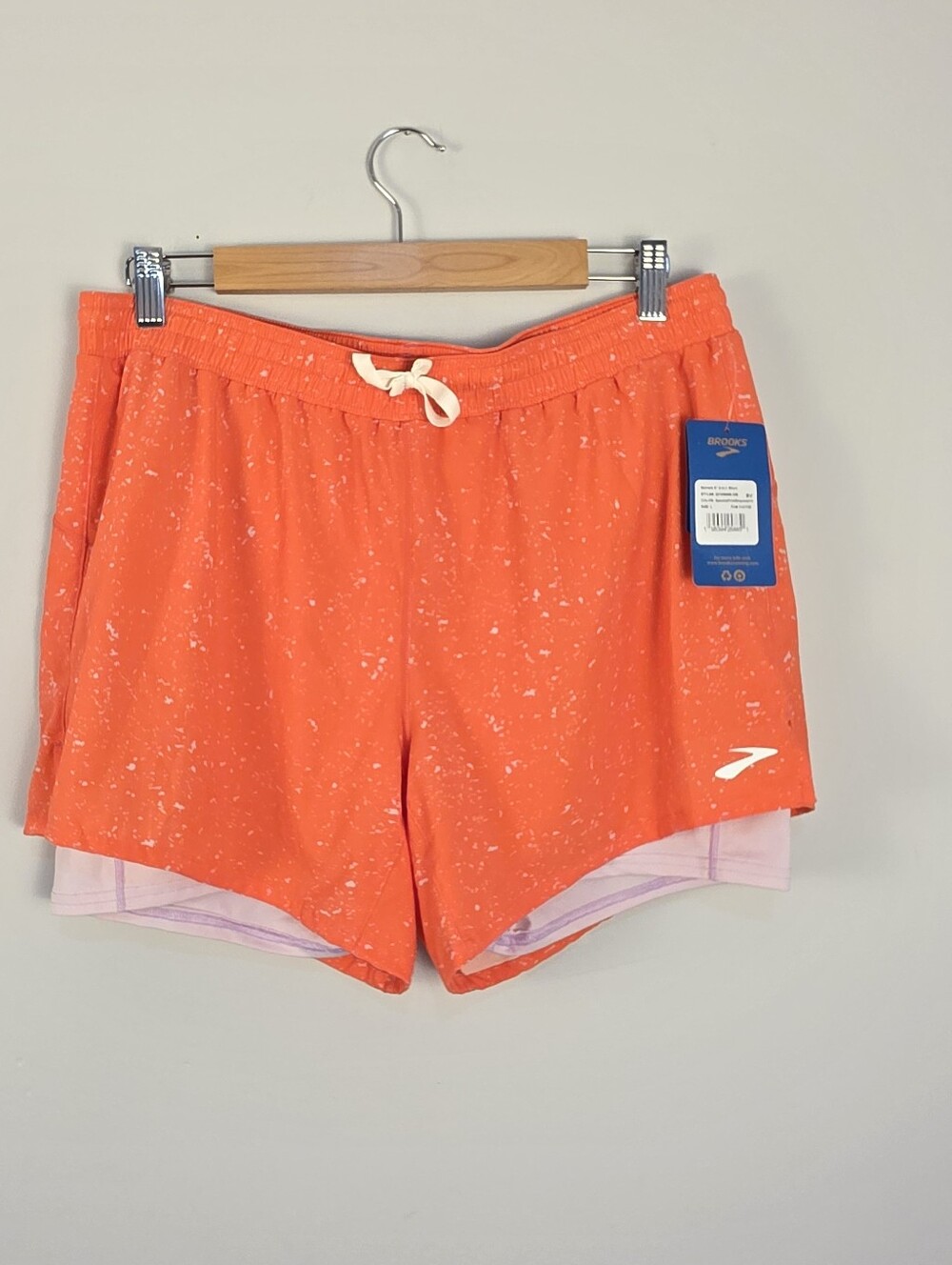 Brooks Moment 5" 2-in-1 Running Shorts Orange Speckle Print Built-In Liner Large